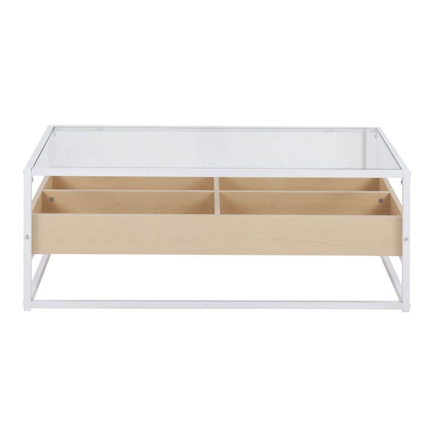 Display Contemporary Coffee Table in White Metal, Natural Wood, and Clear Glass by - Renee Lane Company