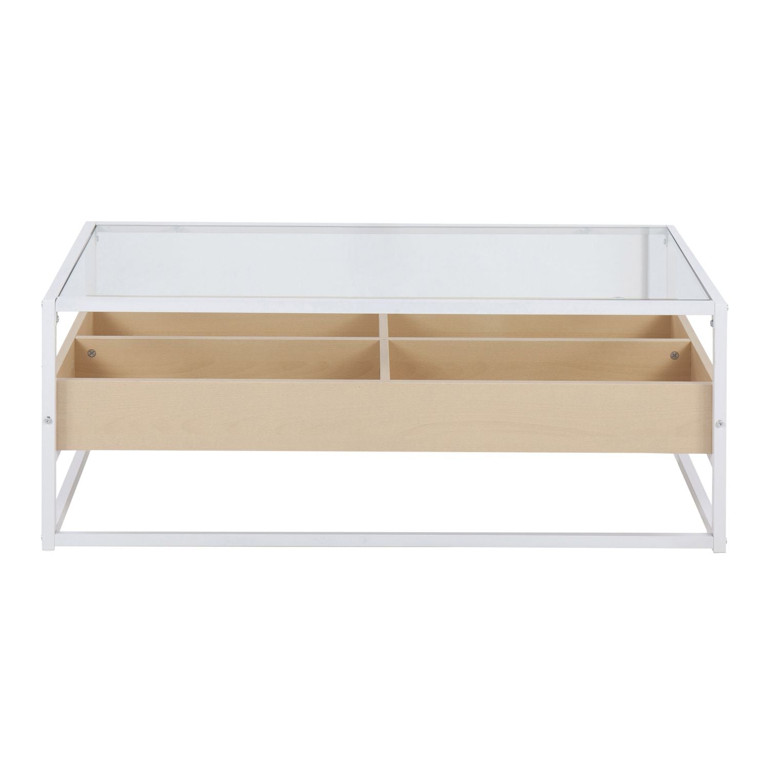 Display Contemporary Coffee Table in White Metal, Natural Wood, and Clear Glass by - Renee Lane Company