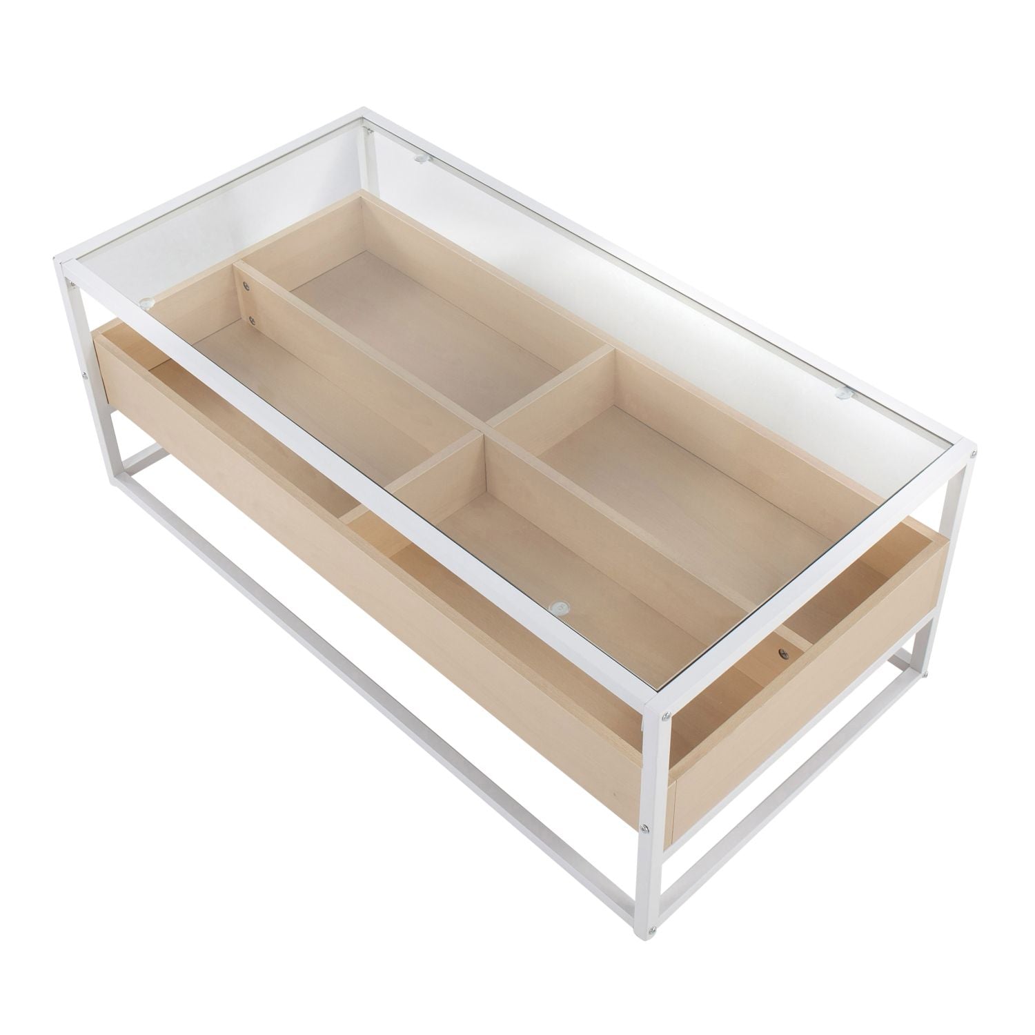 Display Contemporary Coffee Table in White Metal, Natural Wood, and Clear Glass by - Renee Lane Company