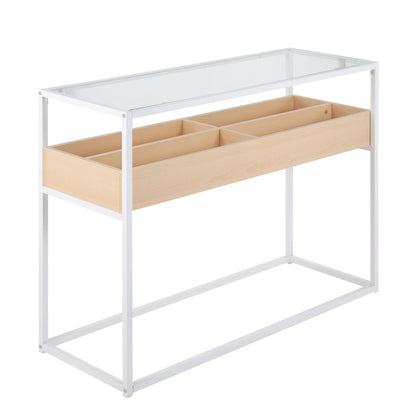 Display Contemporary Console Table in White Metal, Natural Wood, and Clear Glass by - Renee Lane Company