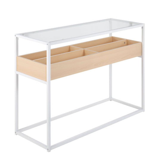 Display Contemporary Console Table in White Metal, Natural Wood, and Clear Glass by - Renee Lane Company