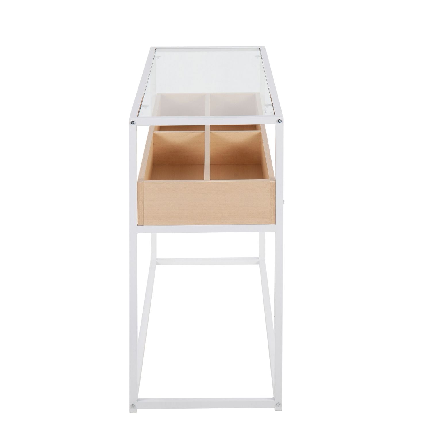 Display Contemporary Console Table in White Metal, Natural Wood, and Clear Glass by - Renee Lane Company
