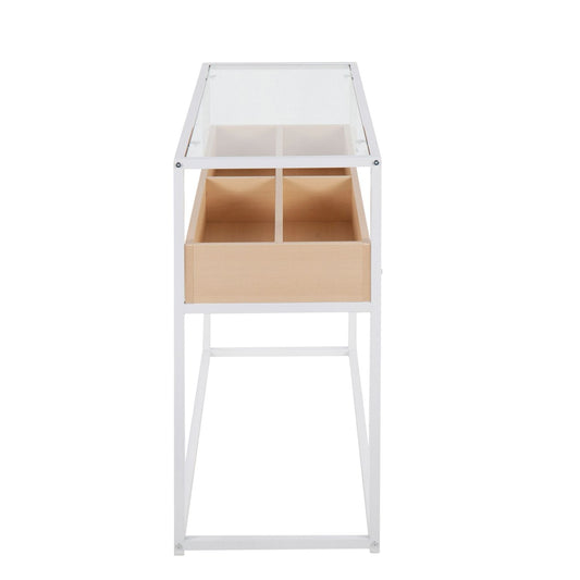 Display Contemporary Console Table in White Metal, Natural Wood, and Clear Glass by - Renee Lane Company