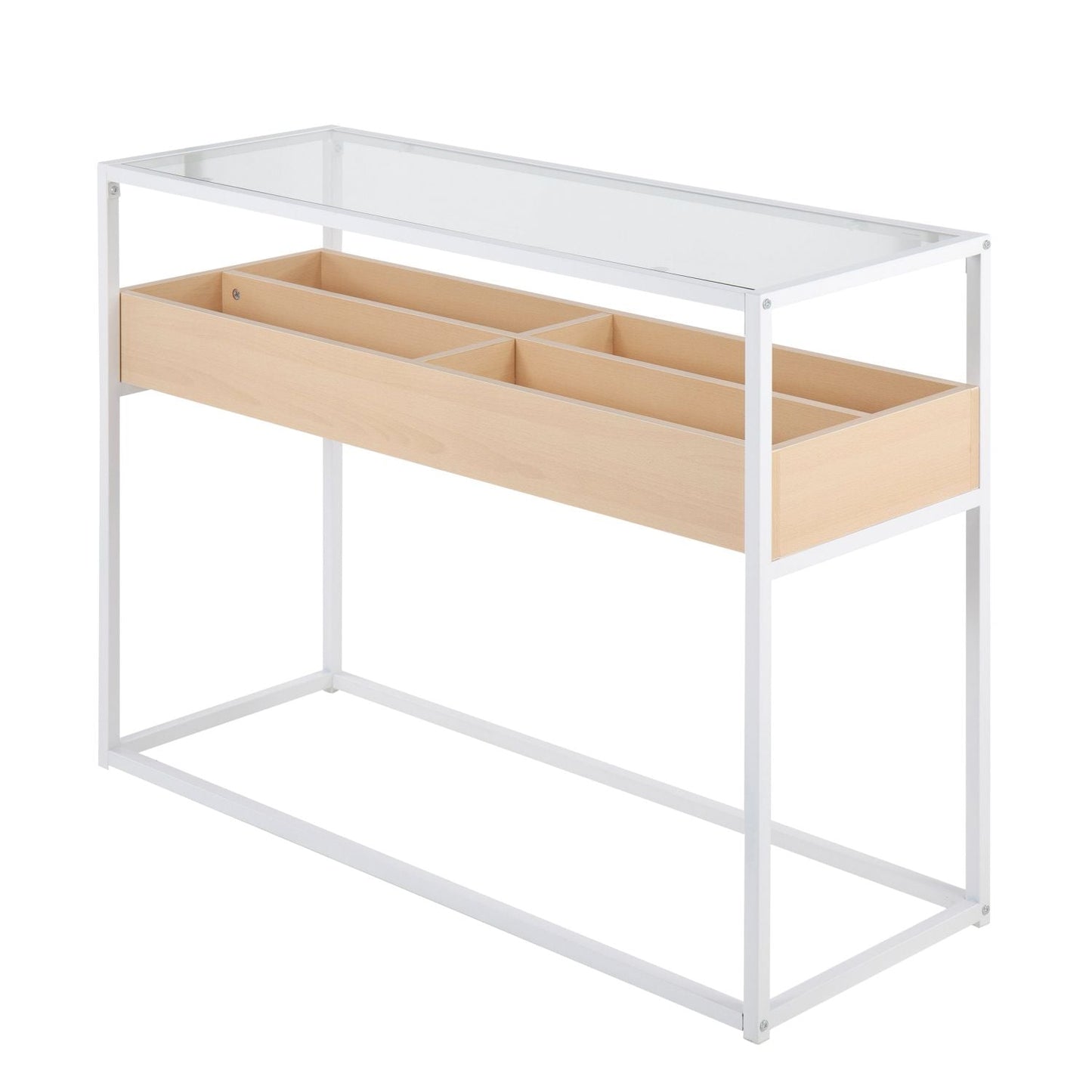 Display Contemporary Console Table in White Metal, Natural Wood, and Clear Glass by - Renee Lane Company