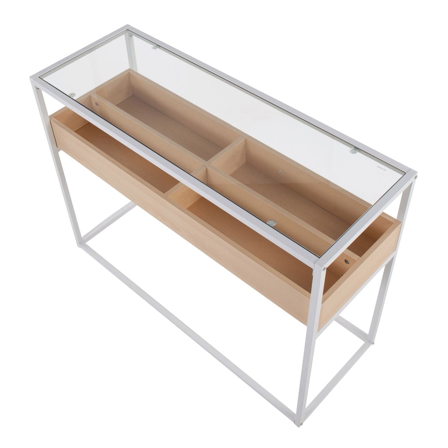 Display Contemporary Console Table in White Metal, Natural Wood, and Clear Glass by - Renee Lane Company