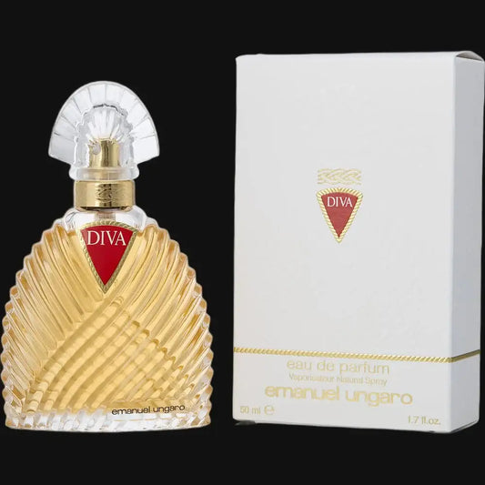 Women's eau de parfum bottle with gold fluted glass and red logo, with white box