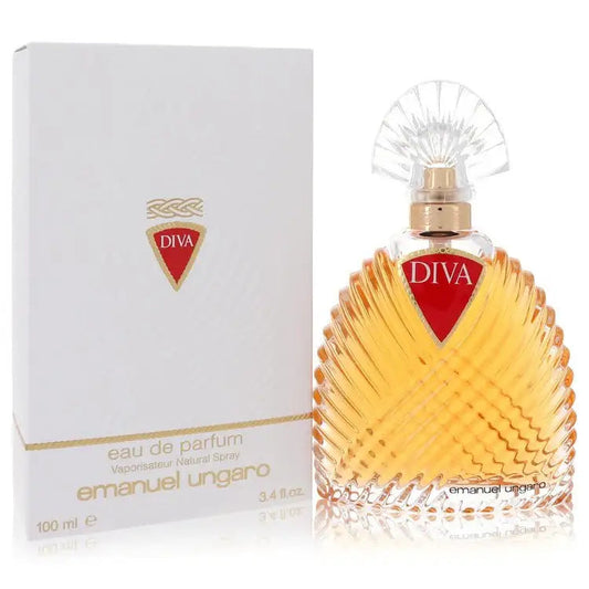 Women's eau de parfum bottle with gold fluted glass and red logo beside white box