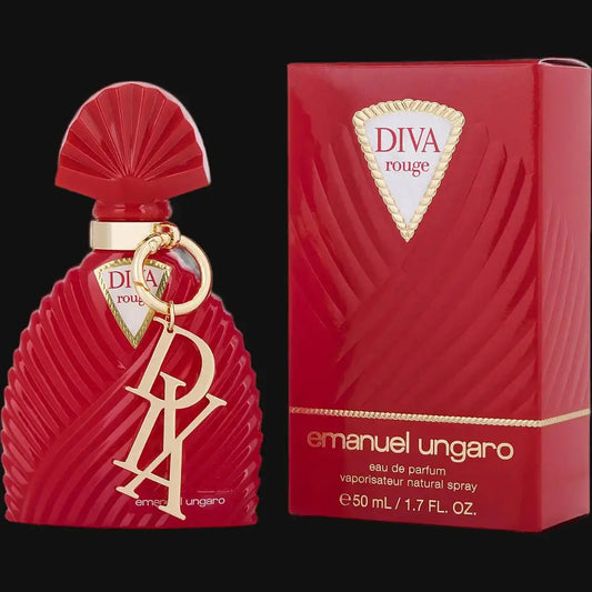Red Diva Rouge perfume bottle with gold cap, ring, and decorative emblem