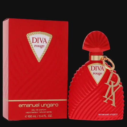 Diva Rouge perfume gift box and red bottle with gold Emanuel Ungaro branding