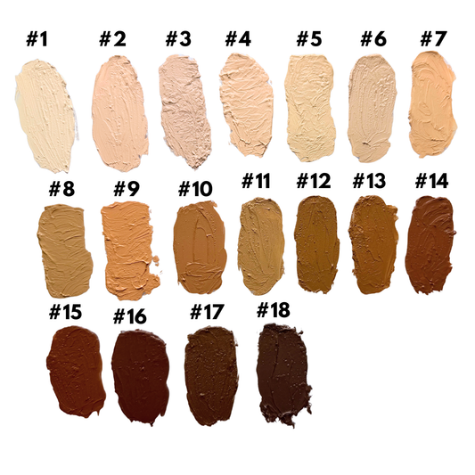 Concealer shade swatches #1–#18 on a color chart