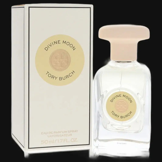 Divine Moon by Tory Burch perfume bottle with pale gold cap and boxed label