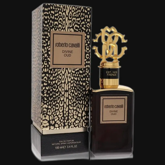 Women’s eau de parfum bottle and tall leopard-print presentation box with gold cap