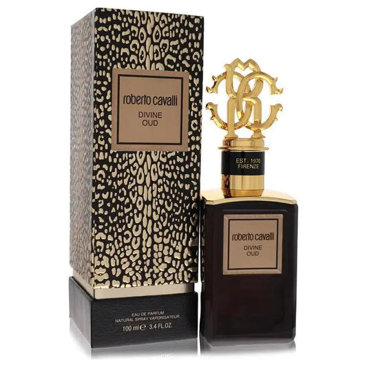 Women’s eau de parfum gift set: dark bottle, gold crest cap, leopard-print box