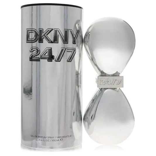 24/7 eau de parfum spray bottle with reflective silver cylinder and cap