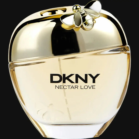 DKNY Nectar Love perfume bottle with gold cap, clear glass and label text