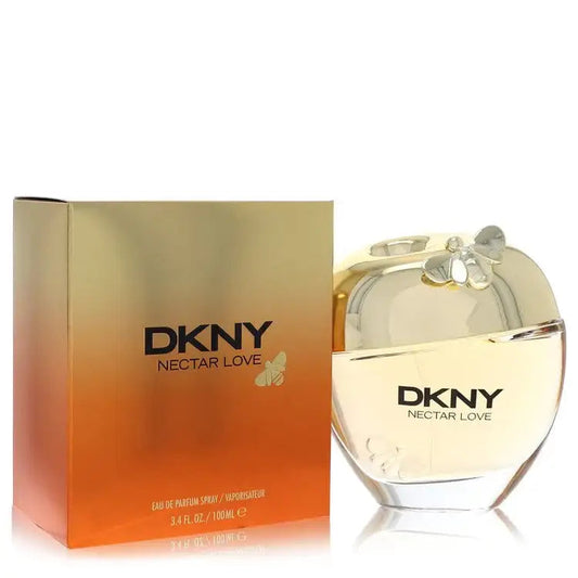 DKNY Nectar Love perfume set with bottle and box, gold cap and amber-tinted glass