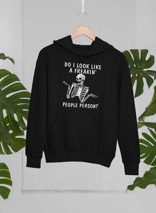 Black hoodie with front pocket and hood, skull skeleton graphic text.