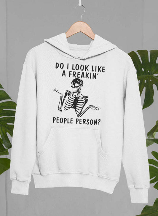 White hoodie with front hood, kangaroo pocket, skeleton graphic and slogan