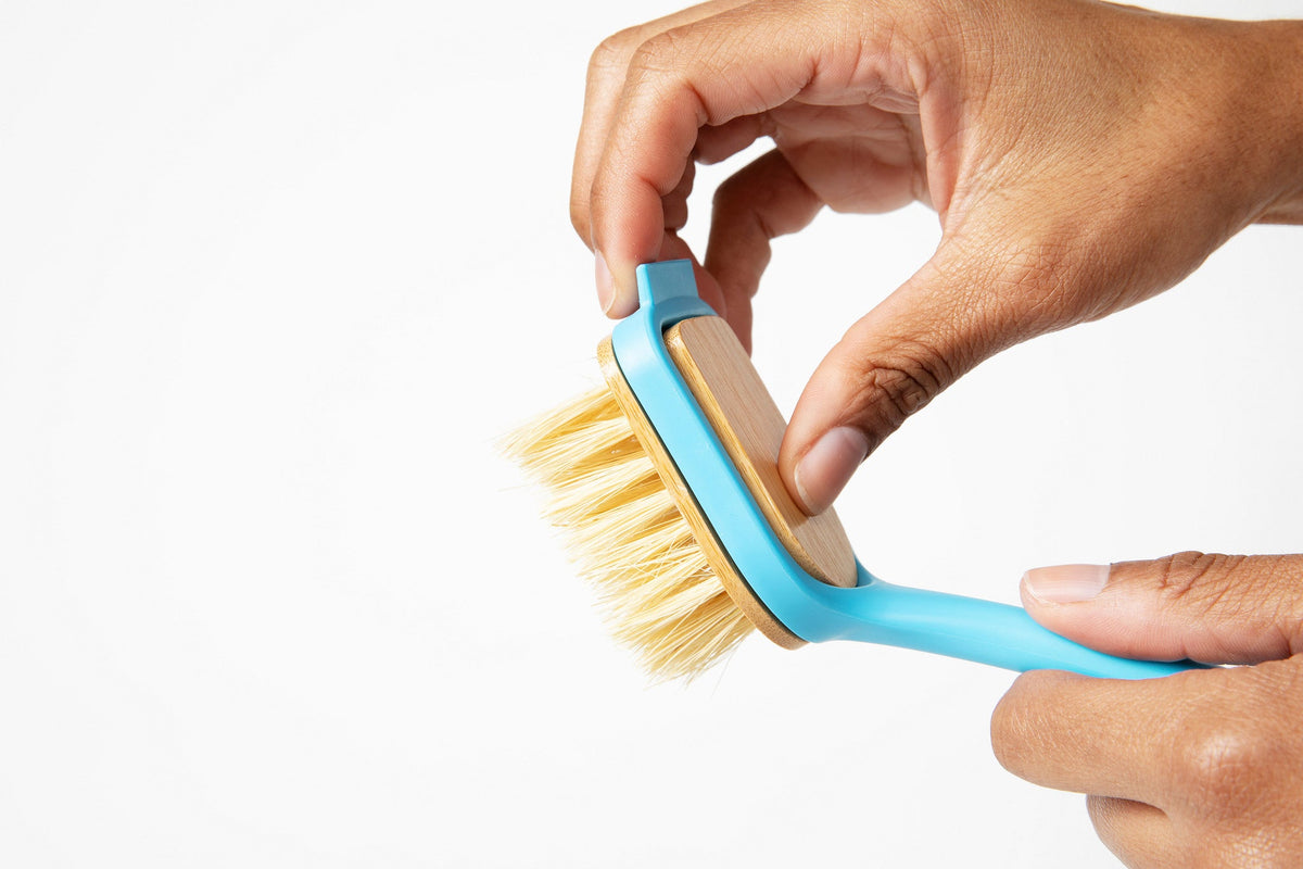 Dish brush in hand, angled view of blue handle and light yellow bristles