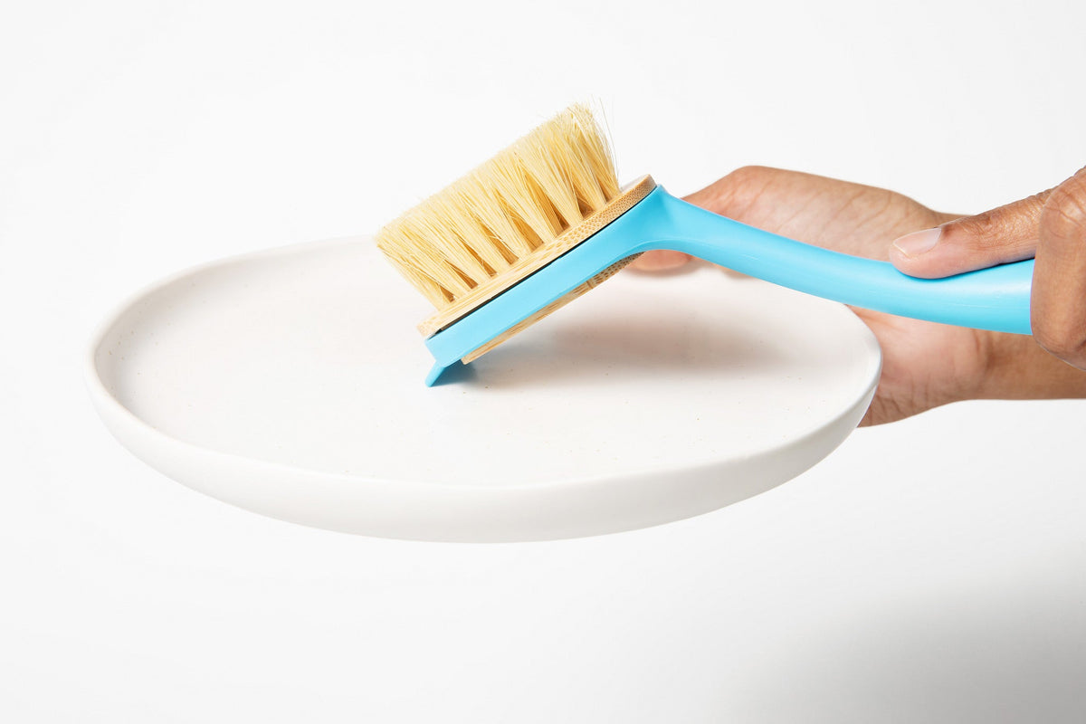 Dish brush held above a white dish, showing light yellow bristle edge