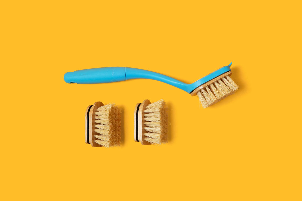 Blue dish brush and two replacement brush heads with tan centers and light bristles