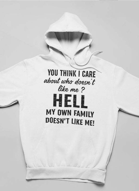 White hoodie with drawstring hood and large black front graphic text