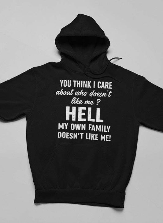 Black hoodie with drawstring hood and large white front graphic text