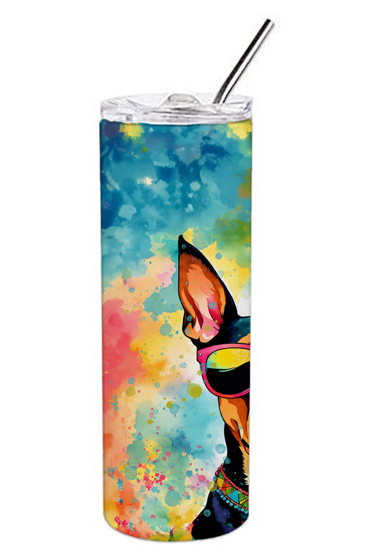 20 oz skinny tumbler with lid and straw, colorful abstract doberman portrait