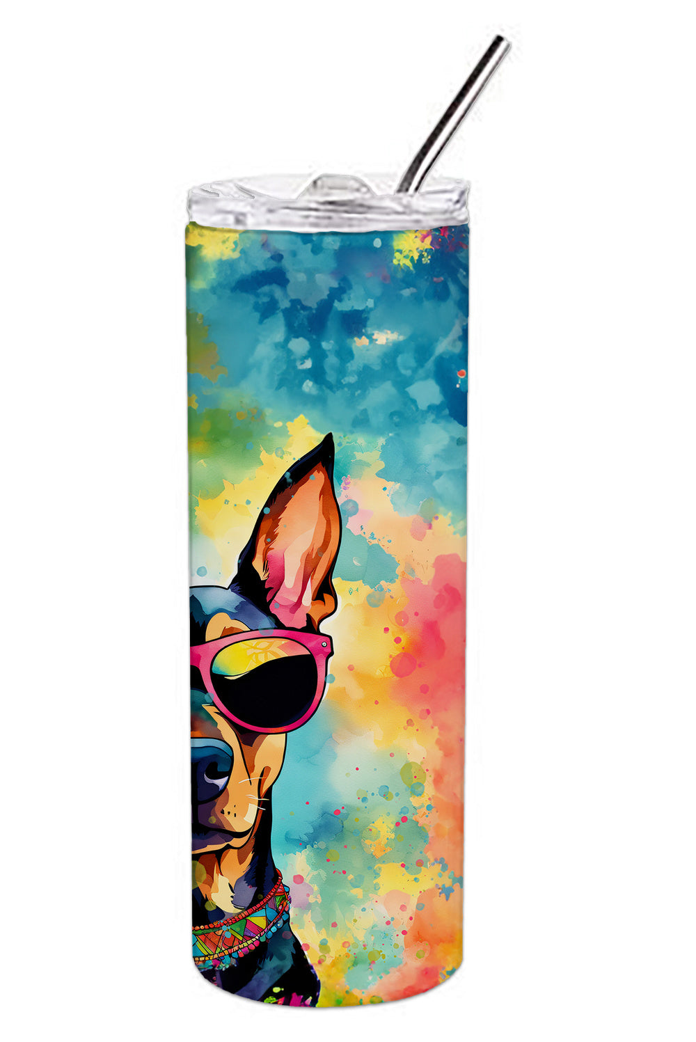 Doberman Pinscher Hippie Dawg Stainless Steel Skinny Tumbler Vacuum Double Walled Reusable Insulated Tumbler Travel Cup for Coffee Cocktails Gift with Lid, 20 oz - Renee Lane Company
