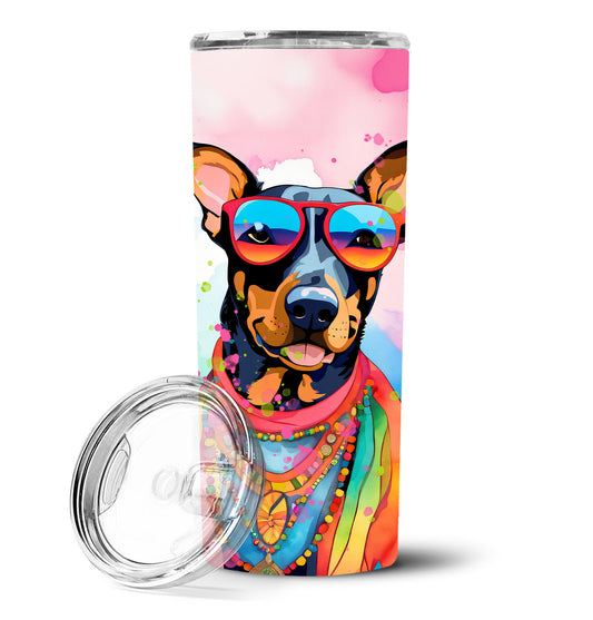 20 oz stainless skinny tumbler with lid and colorful doberman graphic