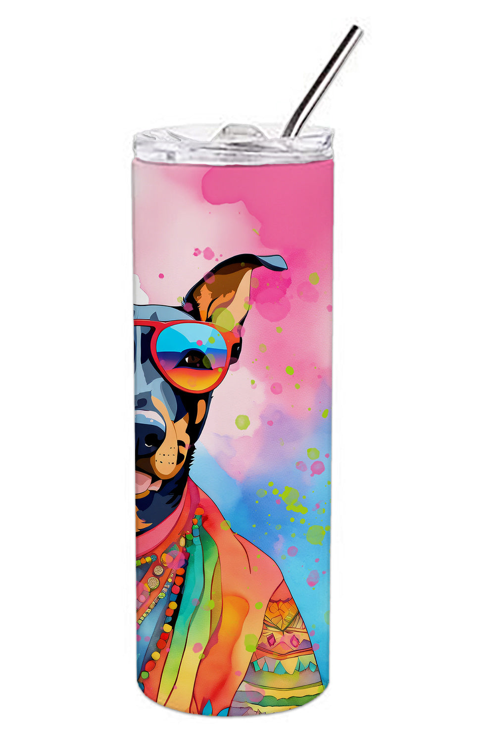 Doberman Pinscher Hippie Dawg Stainless Steel Skinny Tumbler Vacuum Double Walled Reusable Insulated Tumbler Travel Cup for Coffee Cocktails Gift with Lid, 20 oz - Renee Lane Company