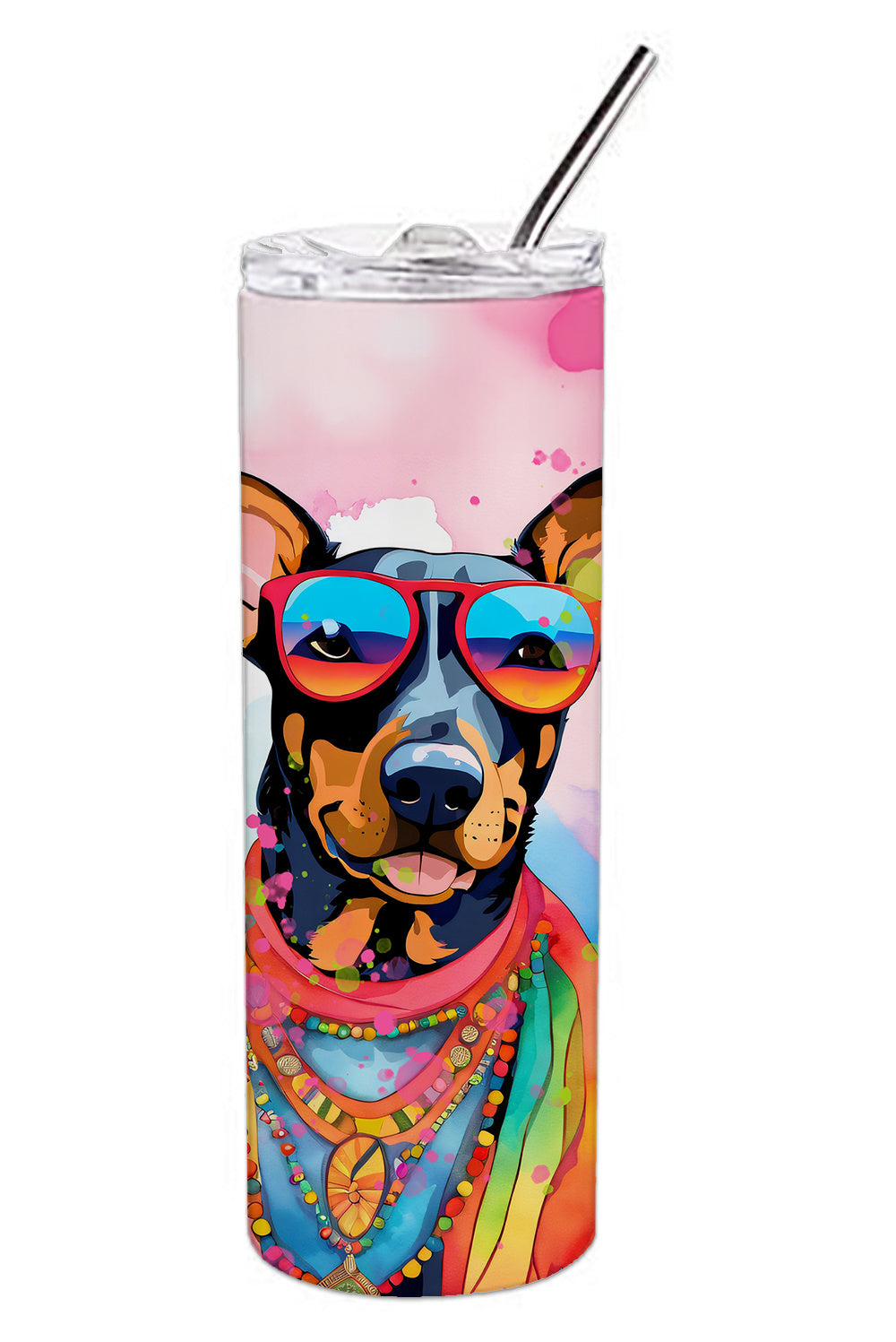 Doberman Pinscher Hippie Dawg Stainless Steel Skinny Tumbler Vacuum Double Walled Reusable Insulated Tumbler Travel Cup for Coffee Cocktails Gift with Lid, 20 oz - Renee Lane Company