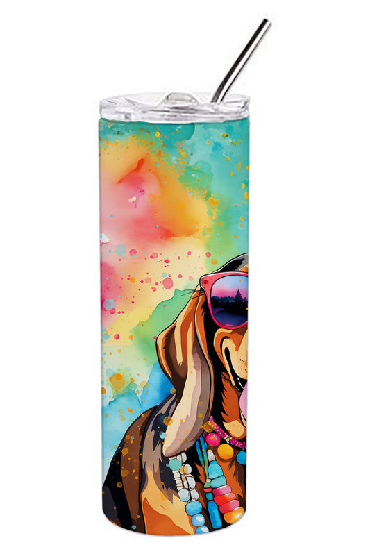 Vacuum insulated skinny tumbler with straw and doberman wearing sunglasses graphic