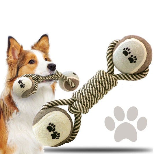 Dog braided rope chew toy with striped rope and plush paw-print ball ends