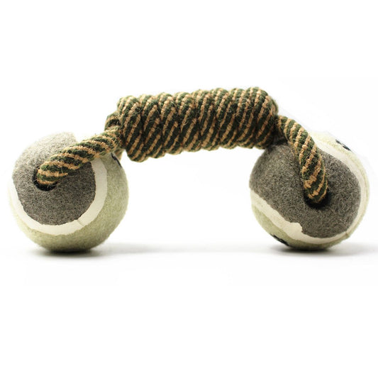 Dog braided rope chew toy with plush paw-print end balls on braided rope