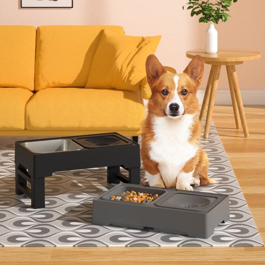 Elevated double dog feeding bowls on black stand, two stainless bowl inserts