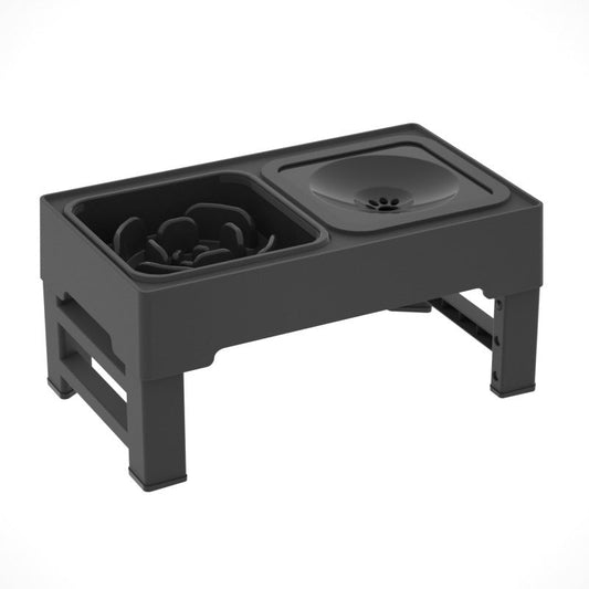 Elevated double dog bowls on black stand with water bowl insert on top