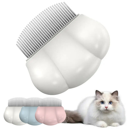 White pet grooming shell comb with fine metal teeth, angled view