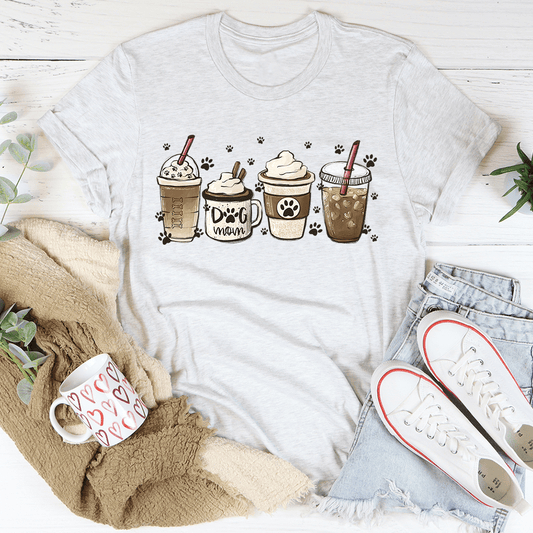 Gray dog mom fuel graphic t-shirt with drink and paw print illustration