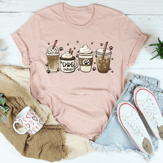 Dusty pink dog mom fuel graphic t-shirt with drink and paw print illustration