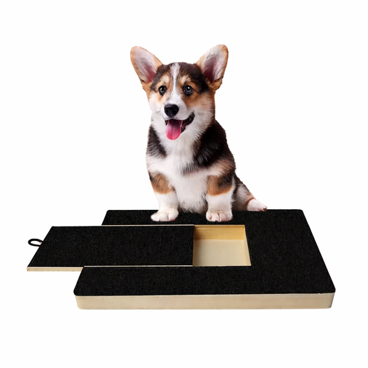 Dog nail scratching board, black textured top with beige base and slide-in pad