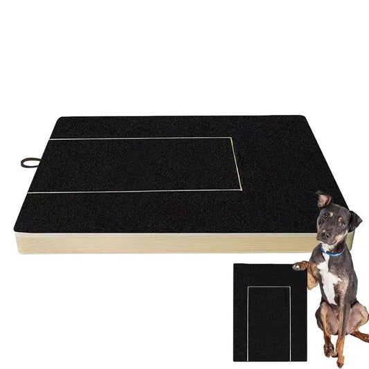 Dog nail scratching board top view, black pads with beige wood-like base