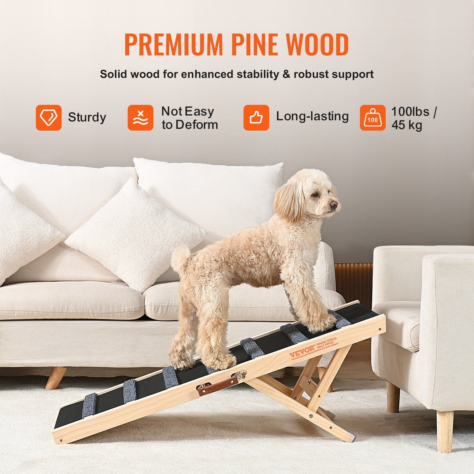 Dog Ramp, Folding Pet Ramp for Bed, Adjustable Dog Ramp for Small, Large, Old Dogs & Cats, Wooden Pet Ramp with 39.3" Long Ramp, Adjustable from 15" to 22", Suitable for Couch, Sofa, Car - Renee Lane Company