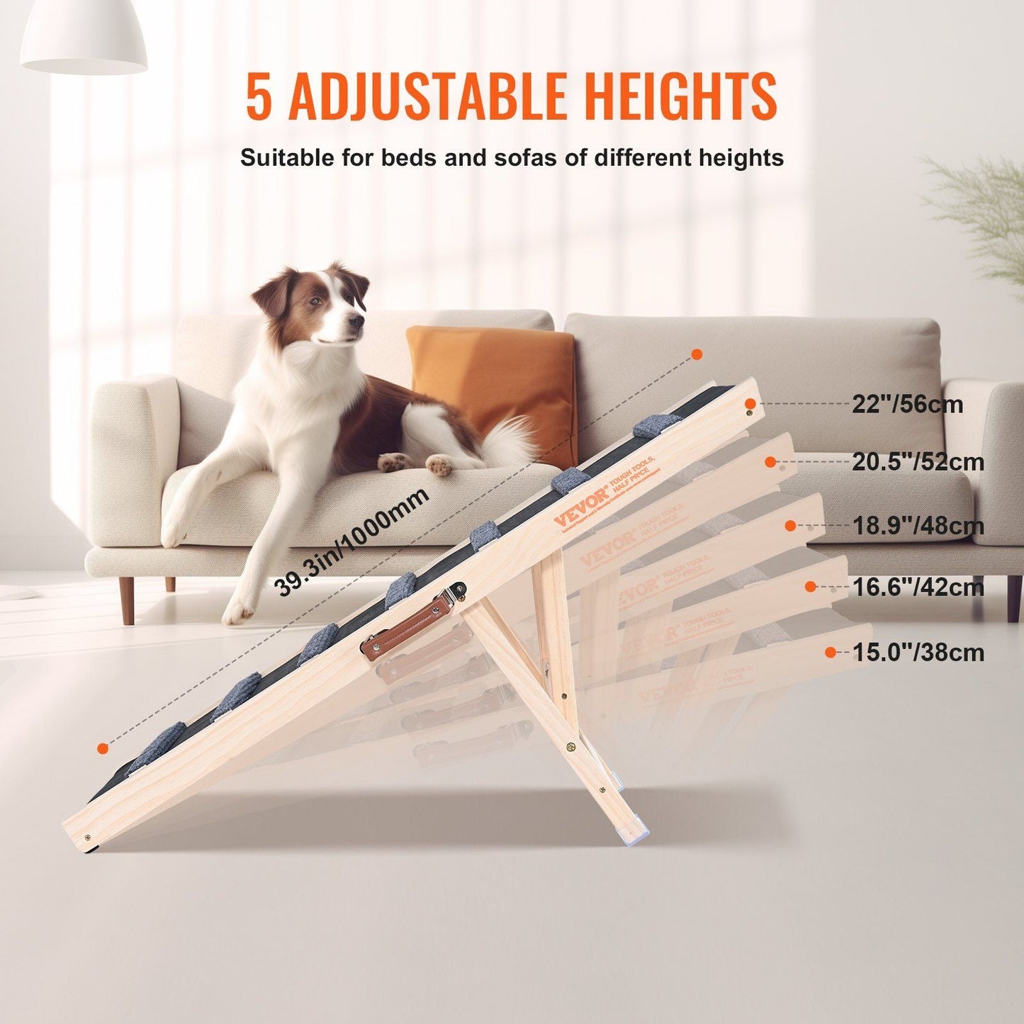 Dog Ramp, Folding Pet Ramp for Bed, Adjustable Dog Ramp for Small, Large, Old Dogs & Cats, Wooden Pet Ramp with 39.3" Long Ramp, Adjustable from 15" to 22", Suitable for Couch, Sofa, Car - Renee Lane Company