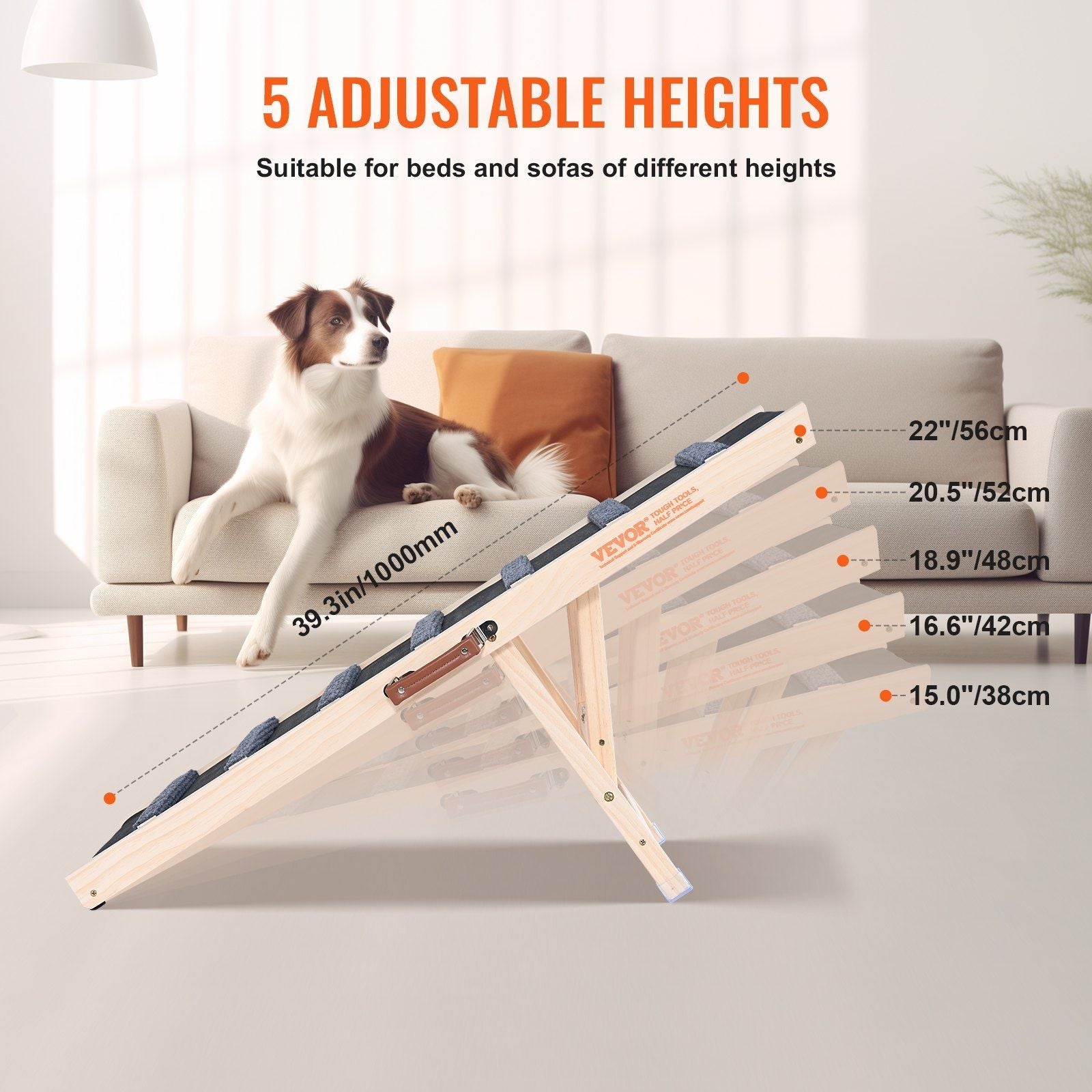 Dog Ramp, Folding Pet Ramp for Bed, Adjustable Dog Ramp for Small, Large, Old Dogs & Cats, Wooden Pet Ramp with 39.3" Long Ramp, Adjustable from 15" to 22", Suitable for Couch, Sofa, Car - Renee Lane Company