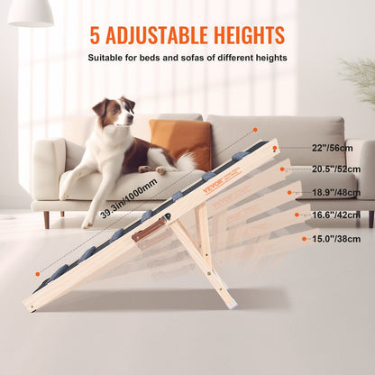 Dog Ramp, Folding Pet Ramp for Bed, Adjustable Dog Ramp for Small, Large, Old Dogs & Cats, Wooden Pet Ramp with 39.3" Long Ramp, Adjustable from 15" to 22", Suitable for Couch, Sofa, Car - Renee Lane Company