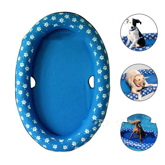 Inflatable pet pool hammock float, blue with white flower paws and side grip handles