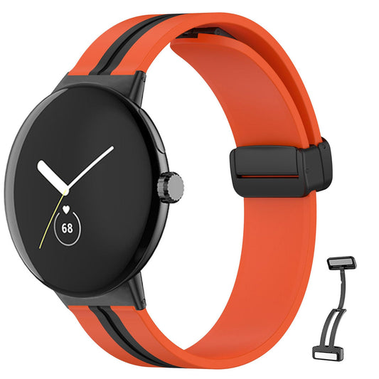 Silicone smartwatch band, orange strap with black clasp and extra connector pieces