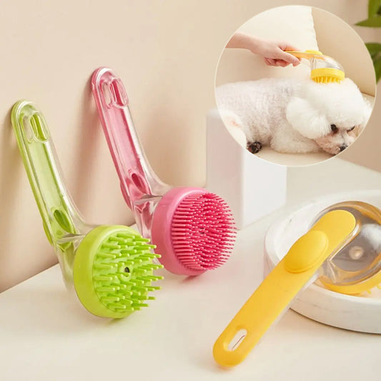 Pet grooming brush set with long handles and round bristle heads, green, pink, and yellow