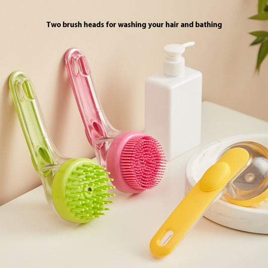 Pet bath brush set with two round bristle heads, pink and green, clear handles